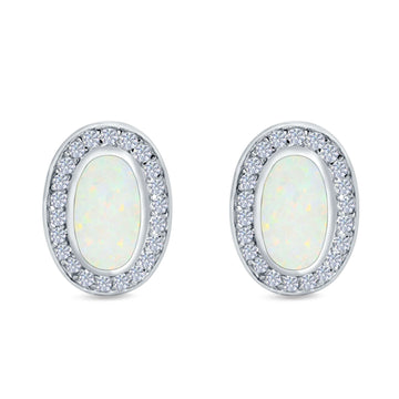 Halo Oval Stud Earrings Lab Created White Opal Simulated CZ 925 Sterling Silver (16mm)